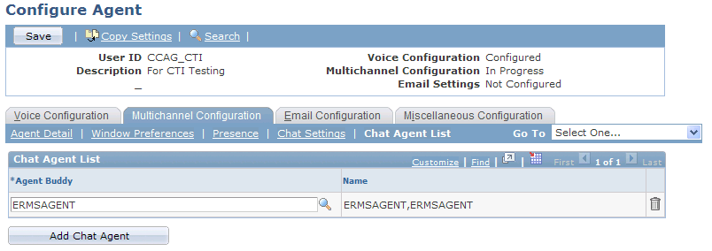 Configure Agent - Multichannel Configuration: Chat Agent List page