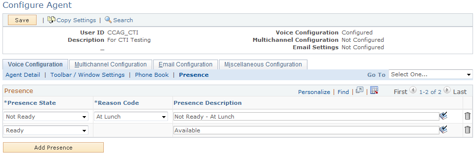 Configure Agent - Voice Configuration page: Presence