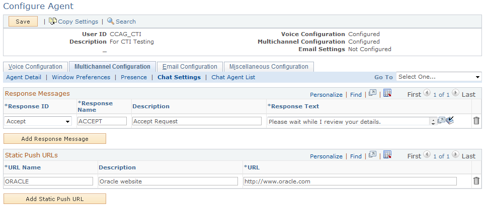 Configure Agent - Multichannel Configuration: Chat Settings page