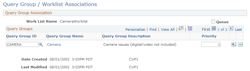 Query Group/Worklist Associations page