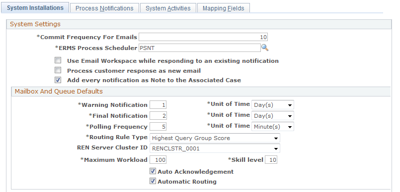 System Installations page (1 of 2)