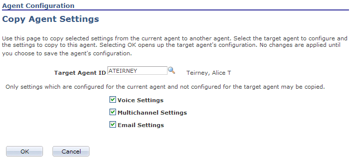 Agent Configuration - Copy Agent Settings page