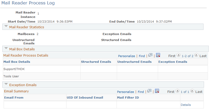 Mail Reader Process Log page