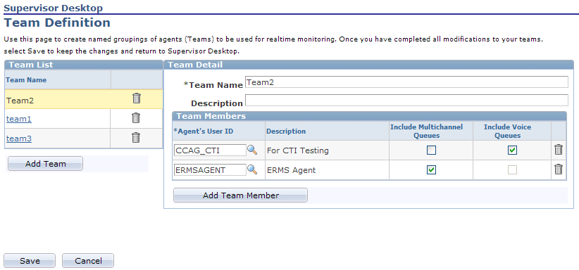 Supervisor Desktop - Team Definition page