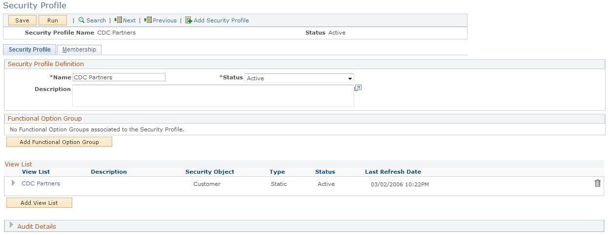 Security Profile page (1 of 2)