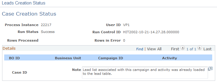 Leads Creation Status page