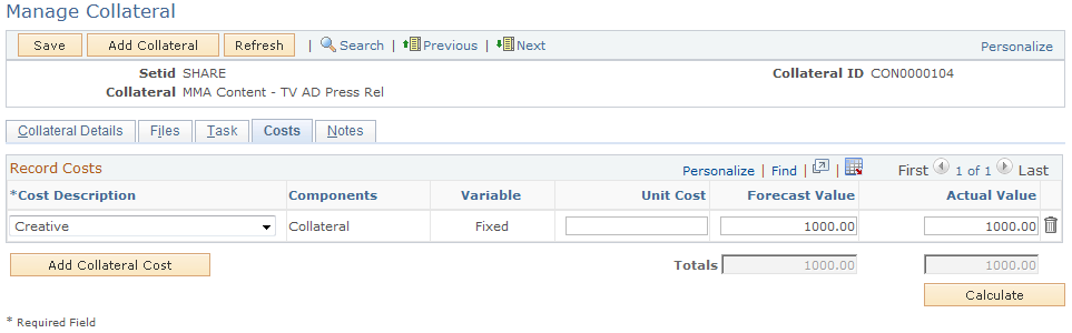 Manage Collateral - Costs page