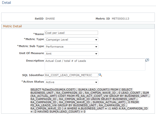 Performance Metric Detail page