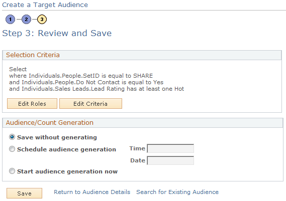 Create a Target Audience - Review and Save page