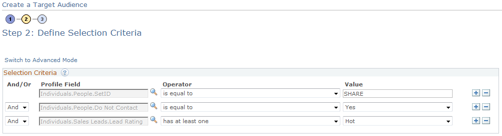 Create a Target Audience - Define Selection Criteria page