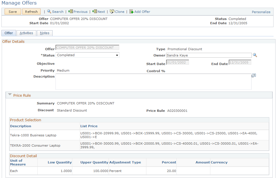 Manage Offers page (page 1 of 2)