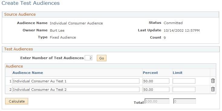 Create Test Audiences page