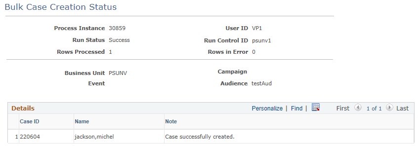 Bulk Case Creation Status page