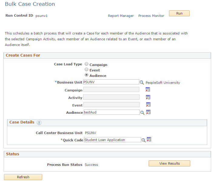 Bulk Case Creation page