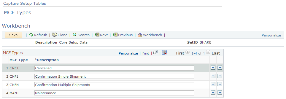 Capture Setup Tables - MCF Types Workbench page