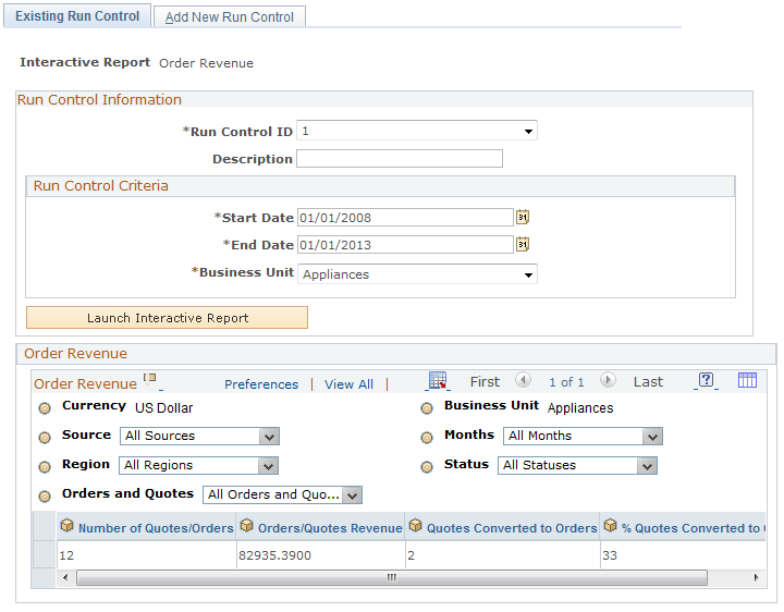 Existing Run Control - Order Revenue page