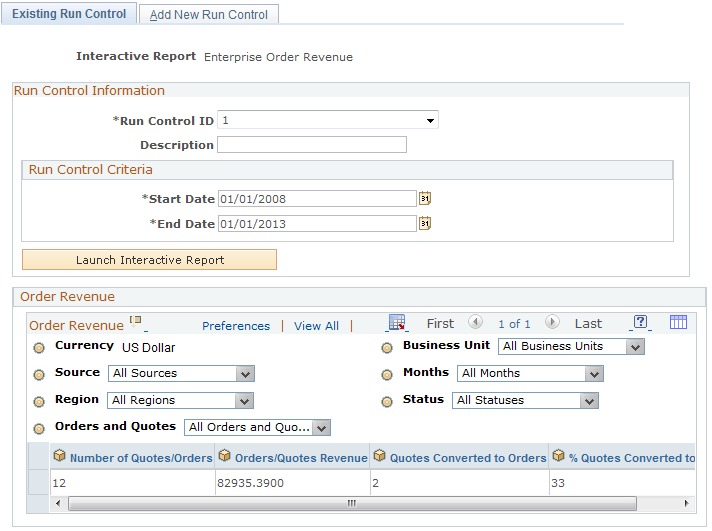 Existing Run Control - Enterprise Order Revenue page