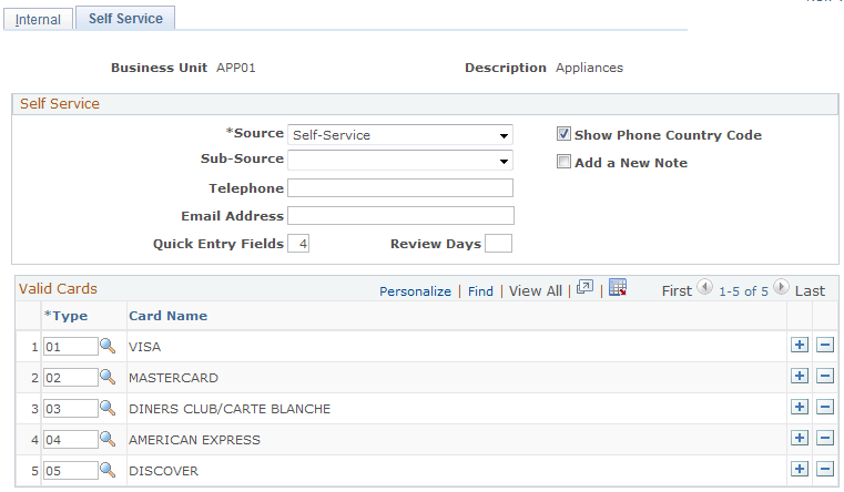 Order Capture Definition - Self Service page (1 of 2)