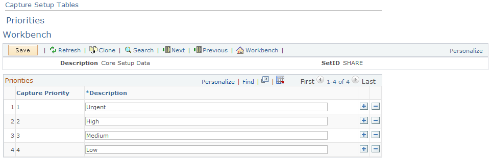 Capture Setup Tables - Priorities Workbench page