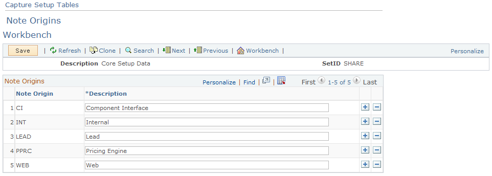 Capture Setup Tables - Note Origins Workbench page