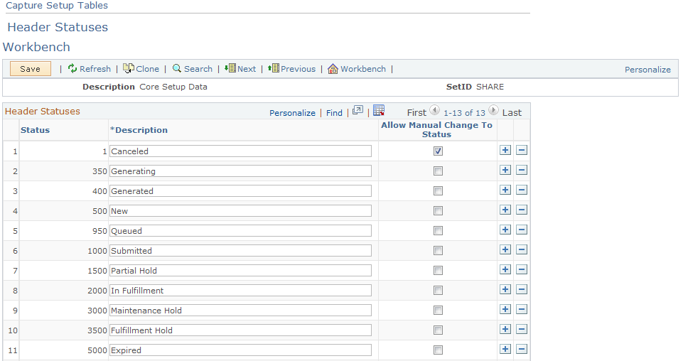 Capture Setup Tables - Header Statuses Workbench page