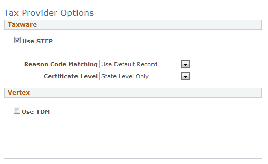 Tax Provider Options page