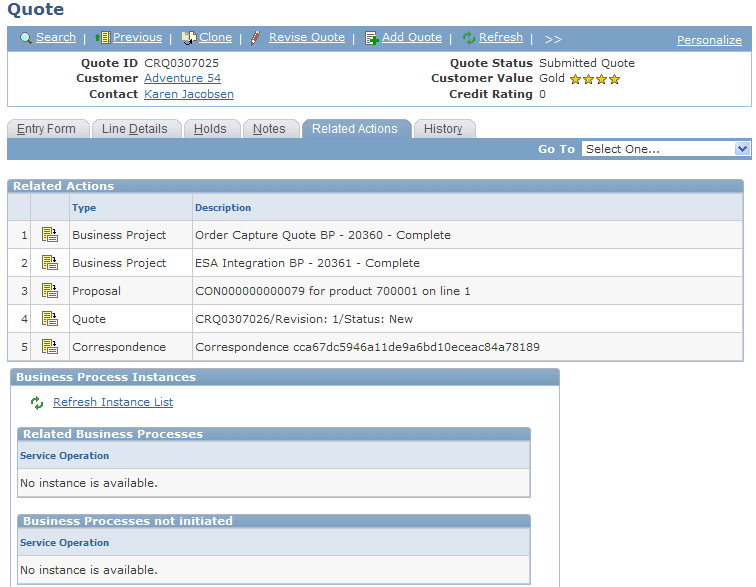 Quote - Related Actions page with an ESA integration business project