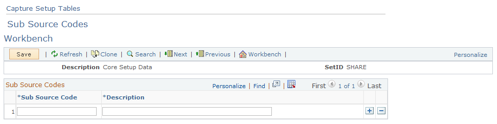 Capture Setup Tables - Sub Source Codes Workbench page
