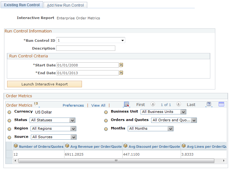 Existing Run Control - Enterprise Order Metrics page