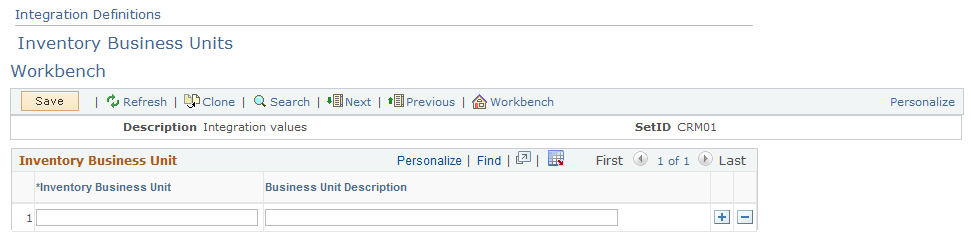 Integration Definitions - Inventory Business Units Workbench page