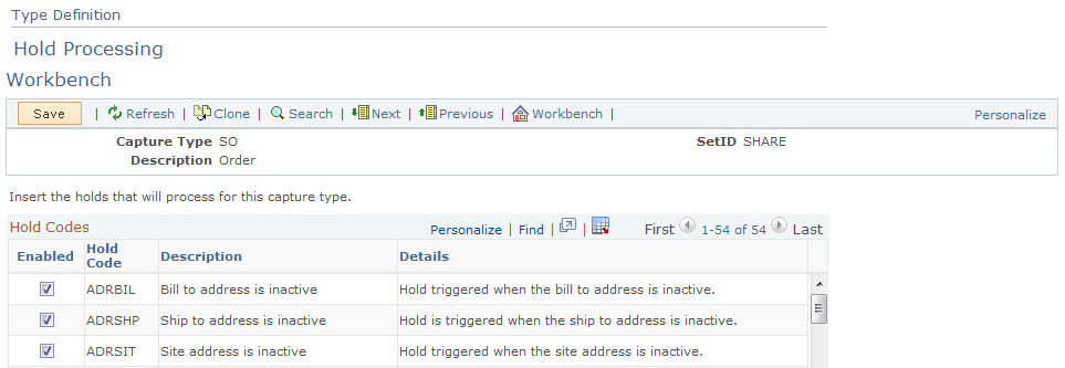 Type Definition - Hold Processing Workbench page