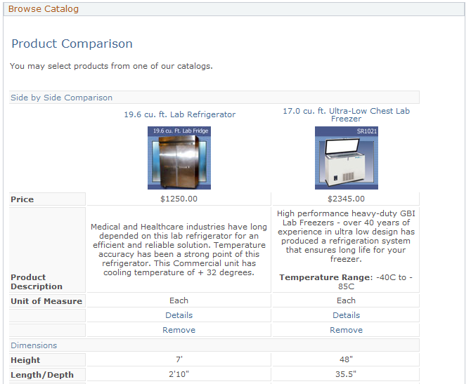 Product Comparison page