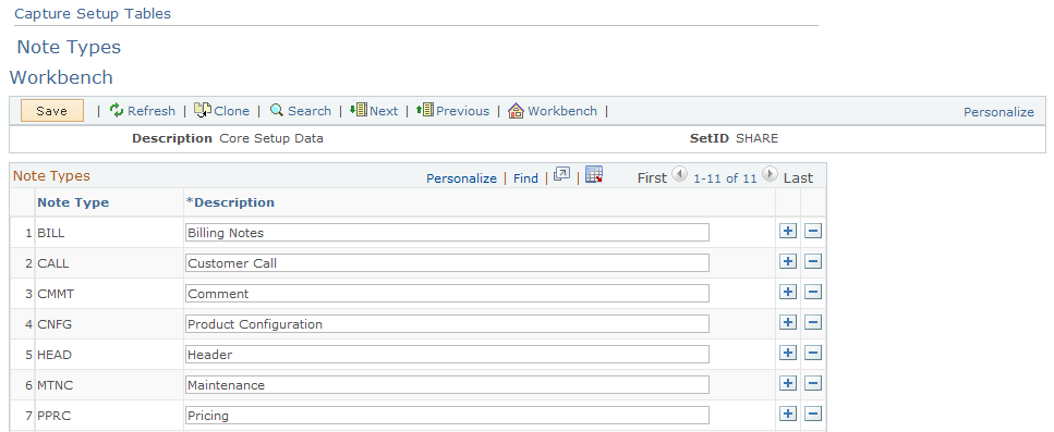 Capture Setup Tables - Note Types Workbench page