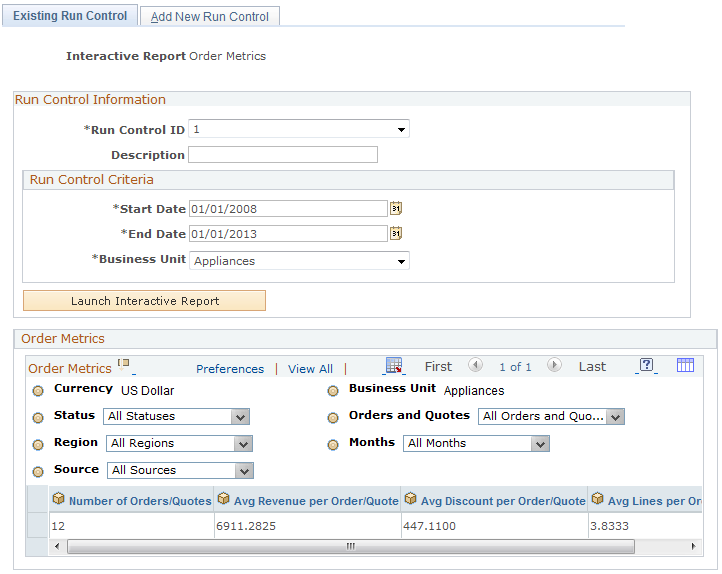 Existing Run Control - Order Metrics page