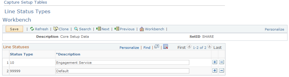 Capture Setup Tables - Line Status Types Workbench page