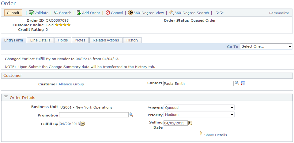 Order - Entry Form page of a queued order on maintenance mode