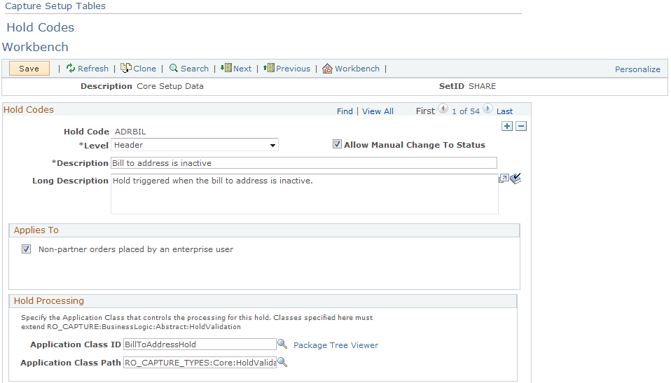 Capture Setup Tables - Hold Codes Workbench page