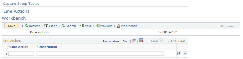 Capture Setup Tables - Line Actions Workbench page