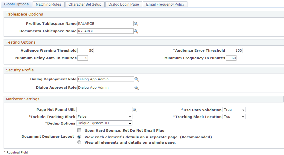 Global Options page