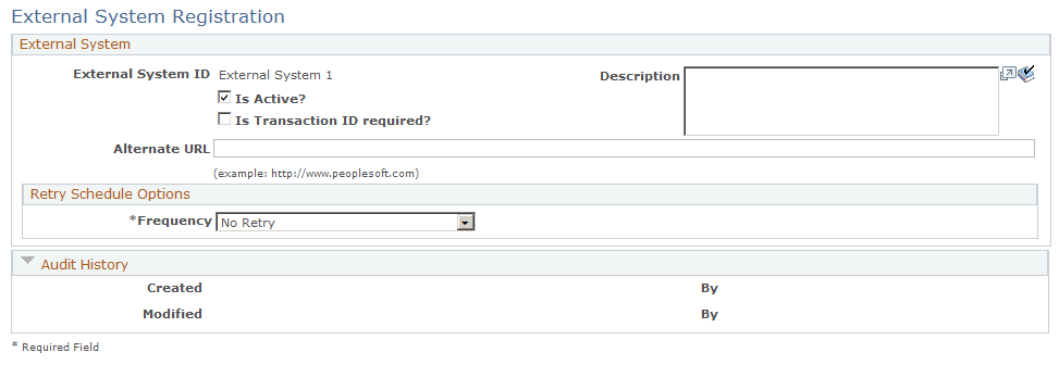 External System Registration page