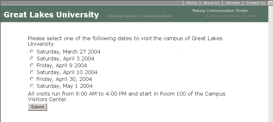 Campus Visit Selection Page