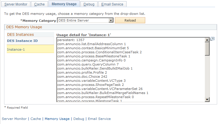 Control Center - Memory Usage page