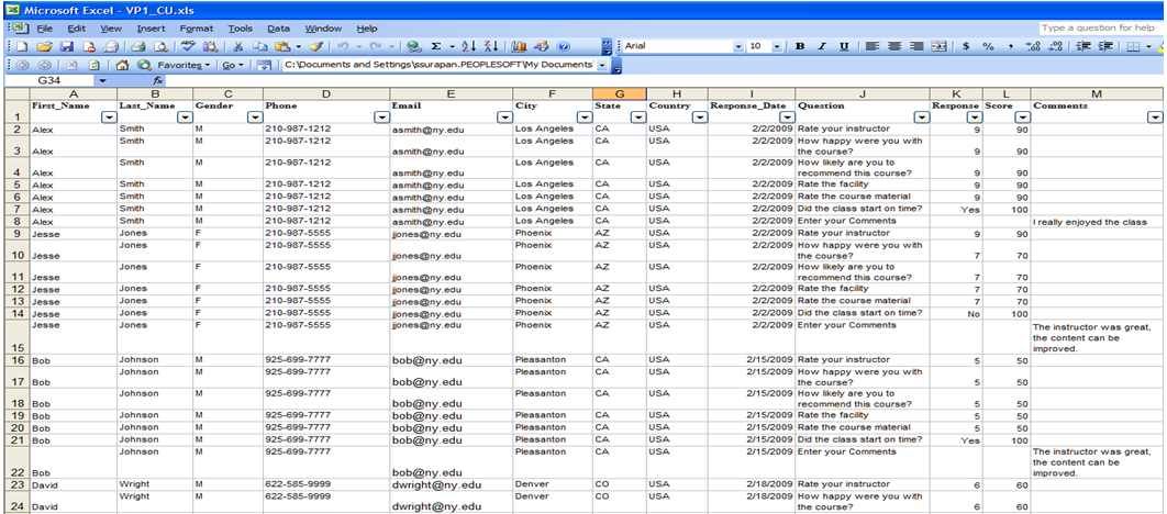 Example of dialog results in XML file imported into Excel