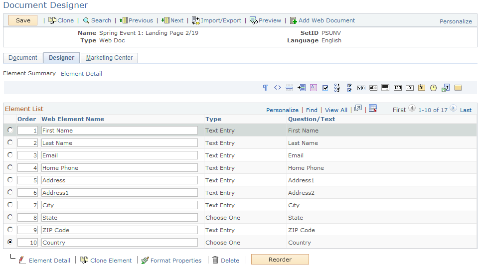 Viewing element details on a separate page