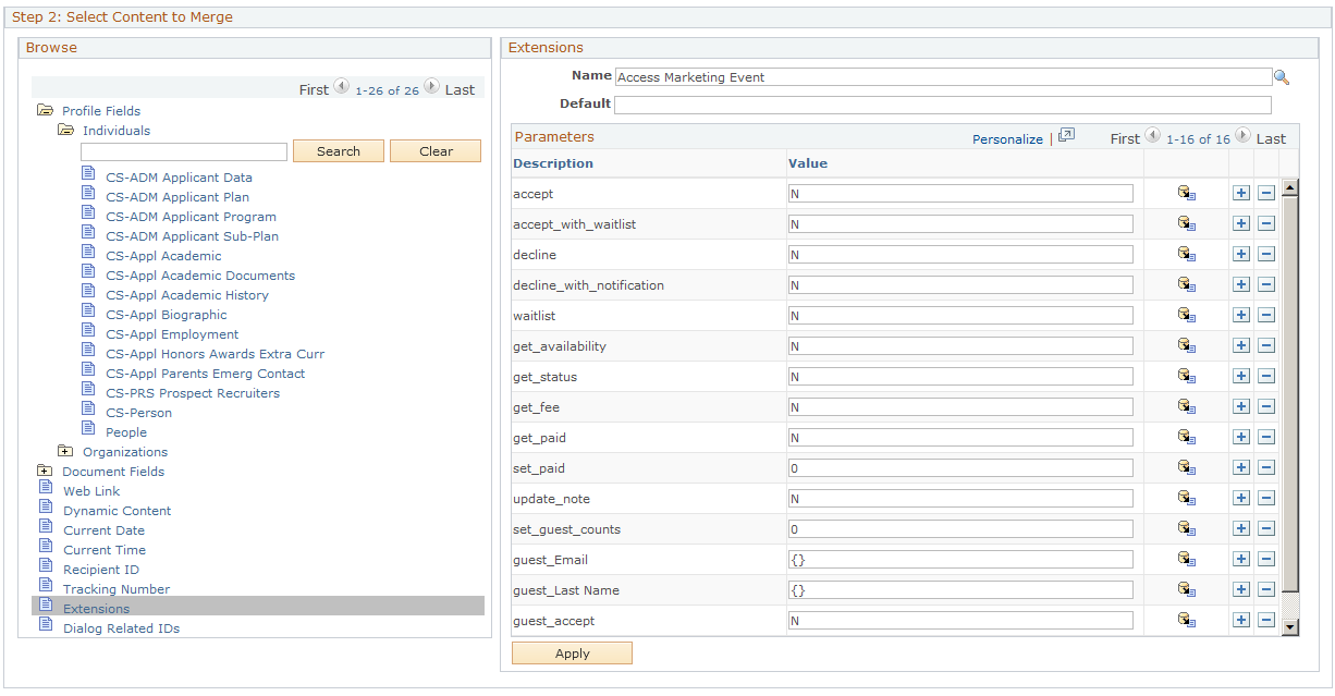 Select Content to Merge - Access Marketing Event Extension