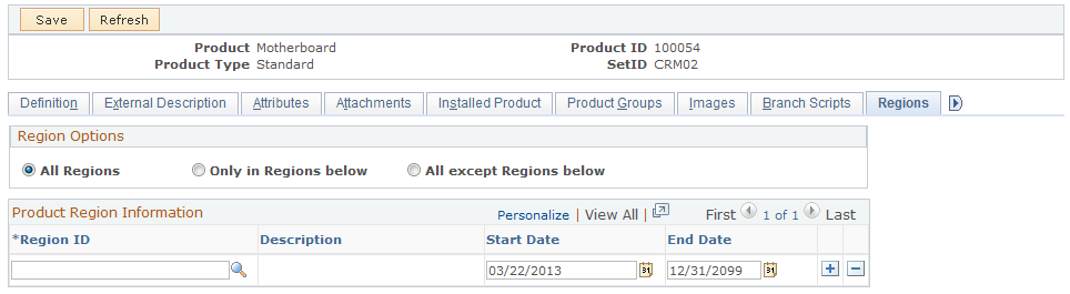 Product Definition - Regions page