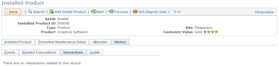 Installed Product - History: Interactions page