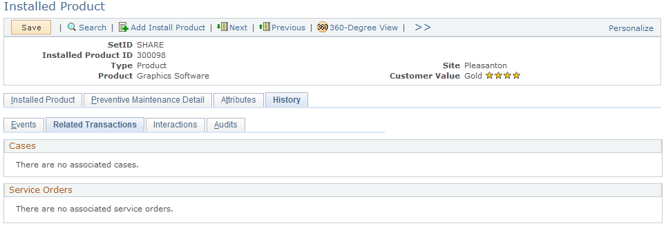 Installed Product - History: Related Transactions page