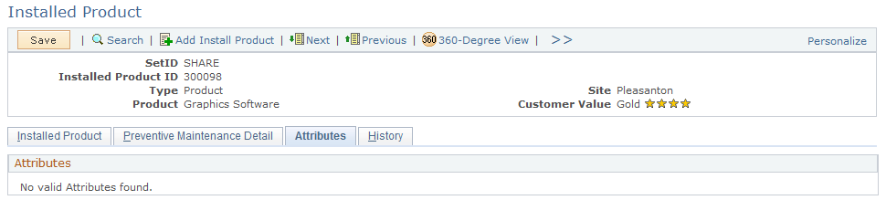 Installed Product - Attributes page