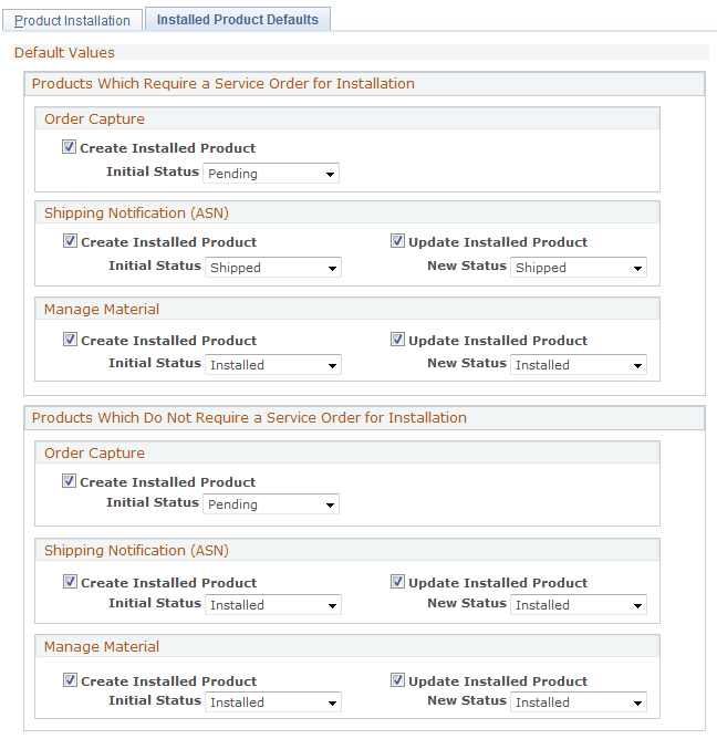 Installed Product Defaults page